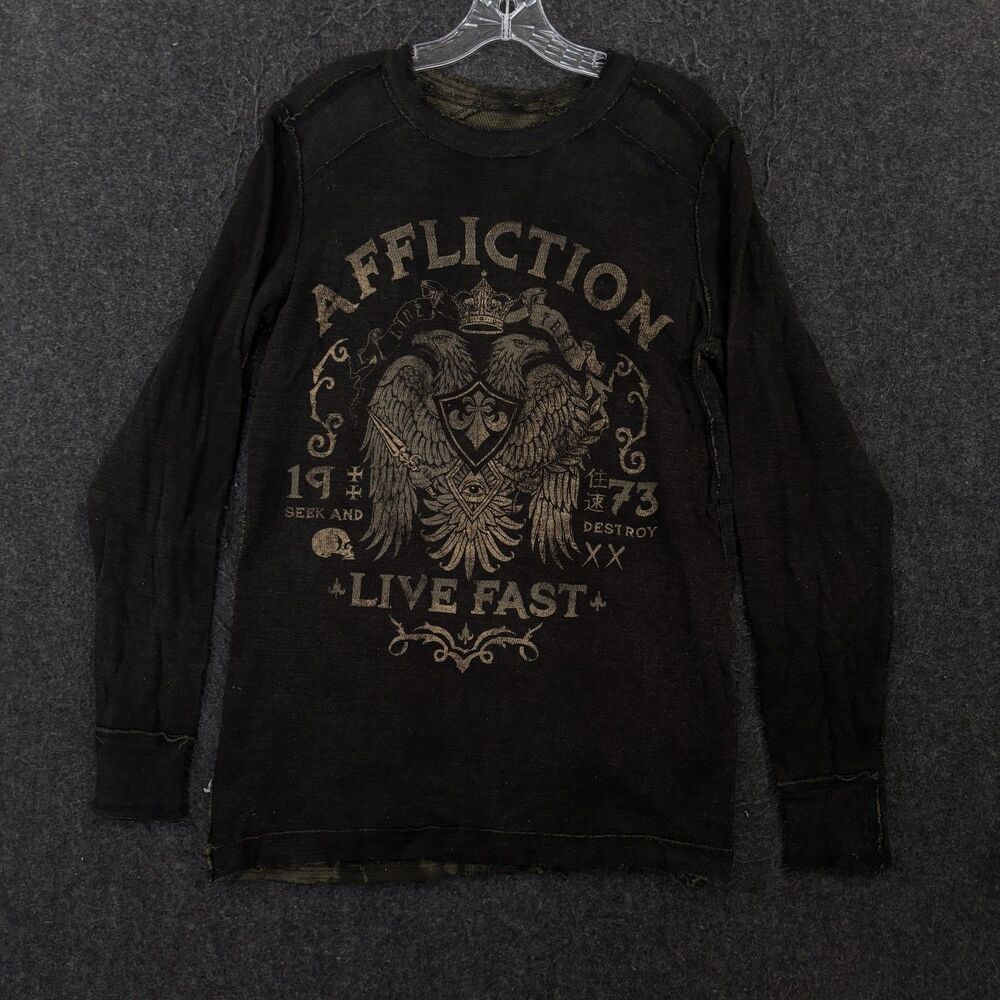 Affliction Shirt Men's Medium Black Green Live Fast Eagle Graphic Thermal Y2K